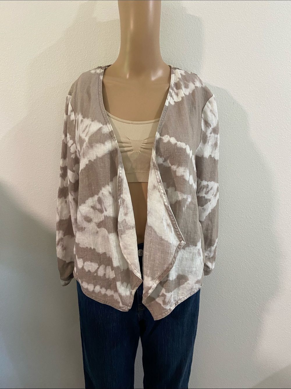 INC International Concepts linen Taupe and White Tie-Dye Open Front Jacket Sz M